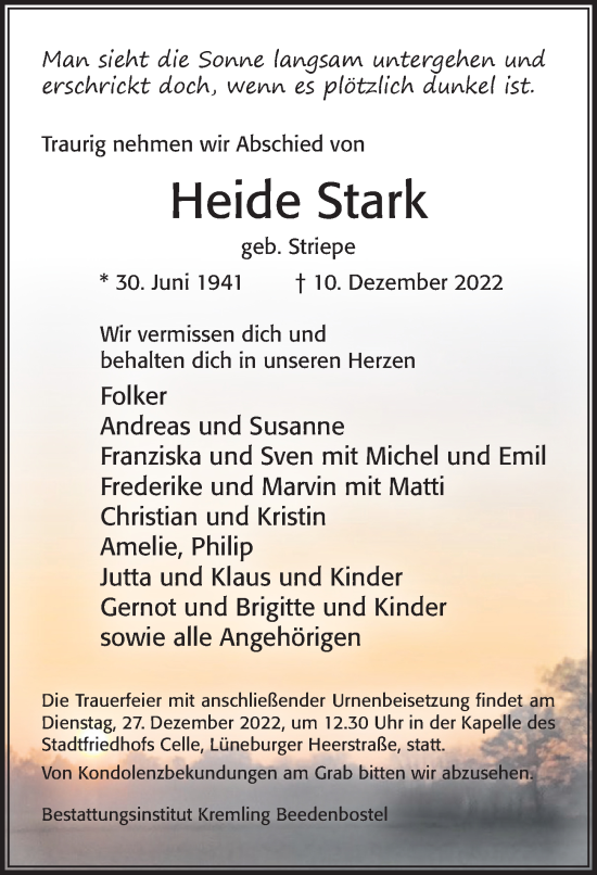 Traueranzeige von Heide Stark von Cellesche Zeitung