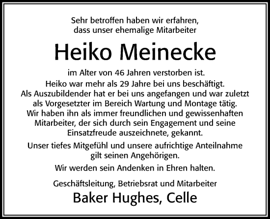 Traueranzeige von Heiko Meinecke von Cellesche Zeitung