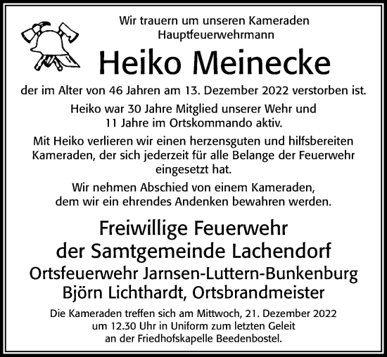 Traueranzeige von Heiko Meinecke von Cellesche Zeitung