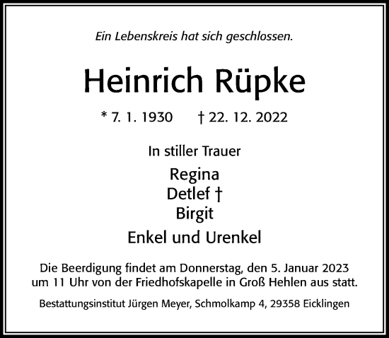 Traueranzeige von Heinrich Rüpke von Cellesche Zeitung