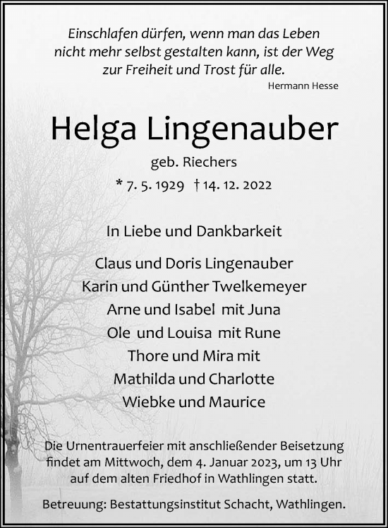 Traueranzeige von Helga Lingenauber von Cellesche Zeitung