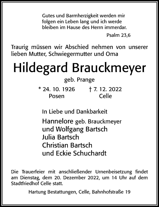 Traueranzeige von Hildegard Brauckmeyer von Cellesche Zeitung