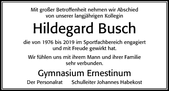 Traueranzeige von Hildegard Busch von Cellesche Zeitung