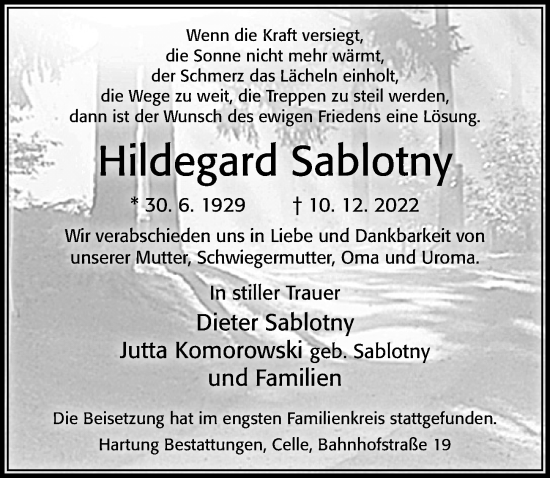 Traueranzeige von Hildegard Sablotny von Cellesche Zeitung