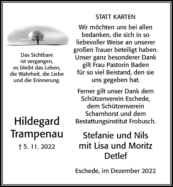 Traueranzeige von Hildegard Trampenau von Cellesche Zeitung