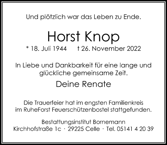 Traueranzeige von Horst Knop von Cellesche Zeitung