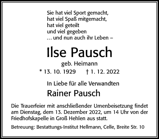 Traueranzeige von Ilse Pausch von Cellesche Zeitung