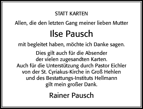 Traueranzeige von Ilse Pausch von Cellesche Zeitung