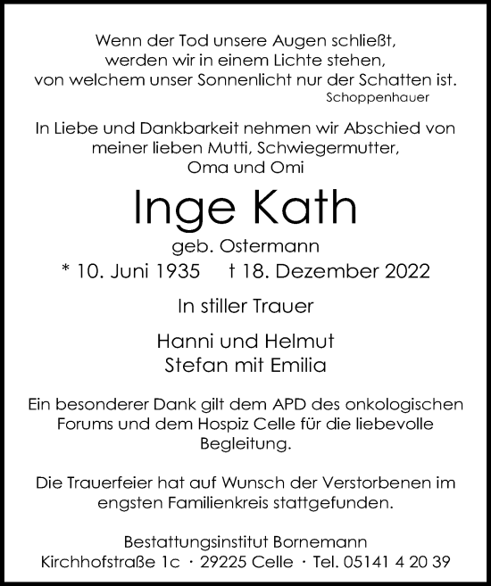 Traueranzeige von Inge Kath von Cellesche Zeitung