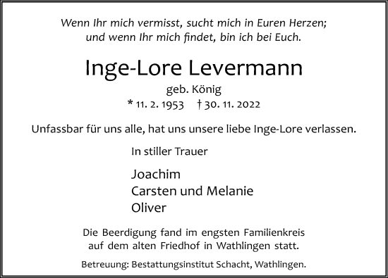 Traueranzeige von Inge-Lore Levermann von Cellesche Zeitung