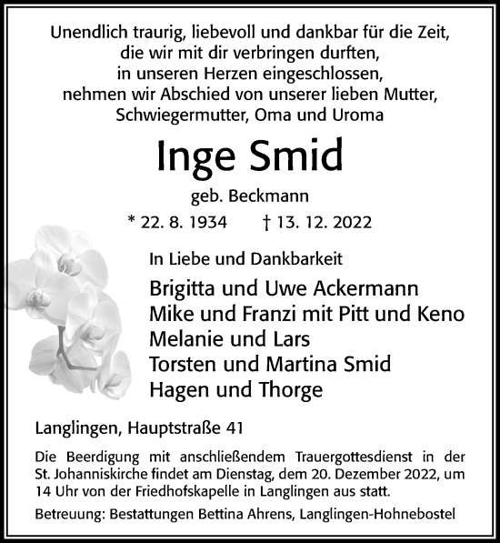 Traueranzeige von Inge Smid von Cellesche Zeitung