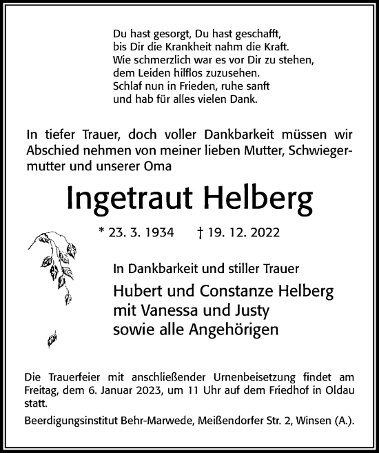 Traueranzeige von Ingetraut Helberg von Cellesche Zeitung