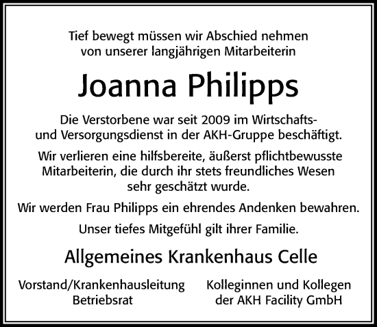 Traueranzeige von Joanna Philipps von Cellesche Zeitung