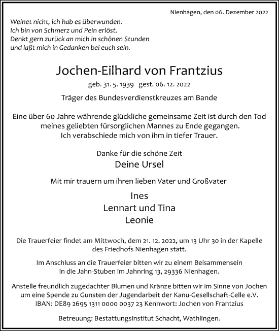 Traueranzeige von Jochen-Eilhard von Frantzius von Cellesche Zeitung