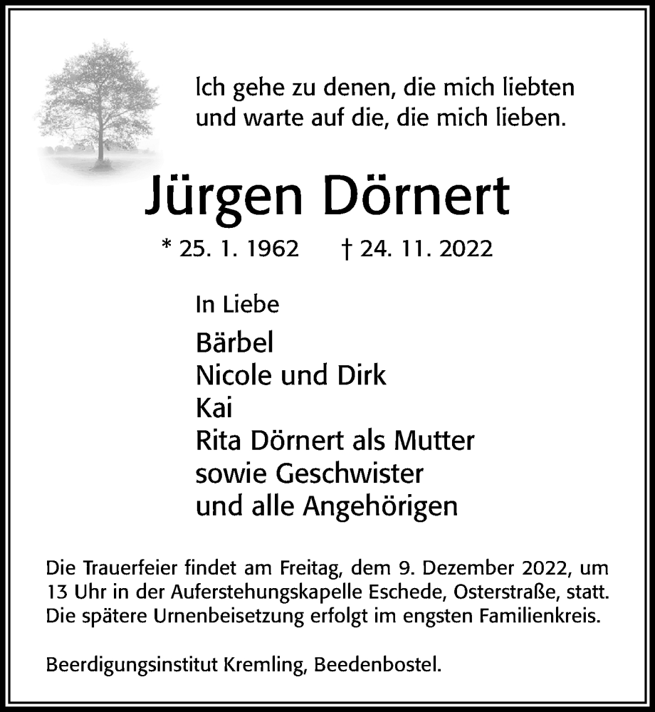  Traueranzeige für Jürgen Dörnert vom 03.12.2022 aus Cellesche Zeitung