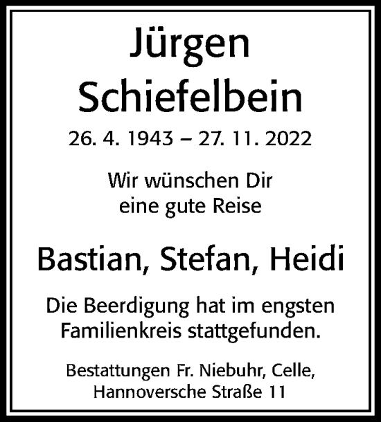 Traueranzeige von Jürgen Schiefelbein von Cellesche Zeitung