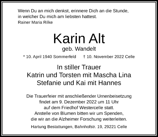 Traueranzeige von Karin Alt von Cellesche Zeitung