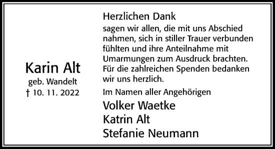 Traueranzeige von Karin Alt von Cellesche Zeitung