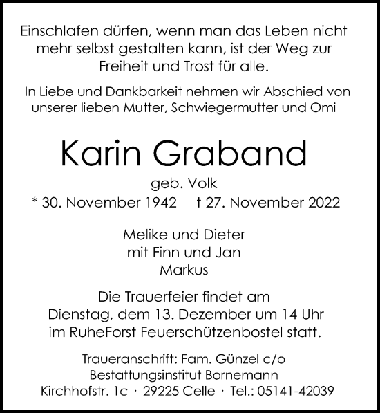 Traueranzeige von Karin Graband von Cellesche Zeitung