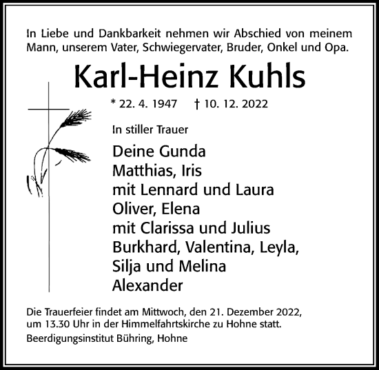 Traueranzeige von Karl-Heinz Kuhls von Cellesche Zeitung