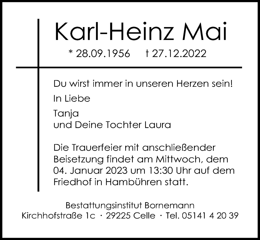  Traueranzeige für Karl-Heinz Mai vom 31.12.2022 aus Cellesche Zeitung