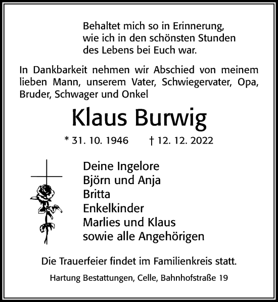 Traueranzeige von Klaus Burwig von Cellesche Zeitung