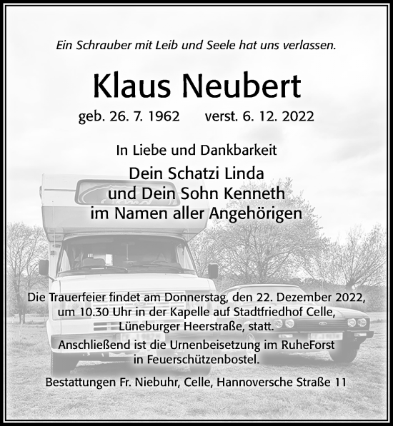 Traueranzeige von Klaus Neubert von Cellesche Zeitung