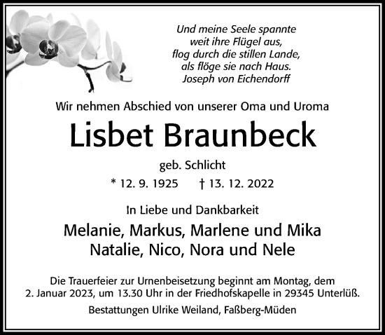 Traueranzeige von Lisbet Braunheck von Cellesche Zeitung