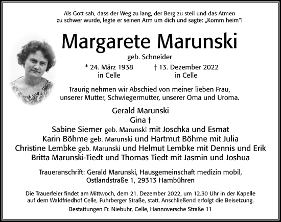 Traueranzeige von Margarete Marunski von Cellesche Zeitung