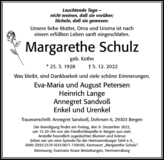 Traueranzeige von Margarethe Schulz von Cellesche Zeitung
