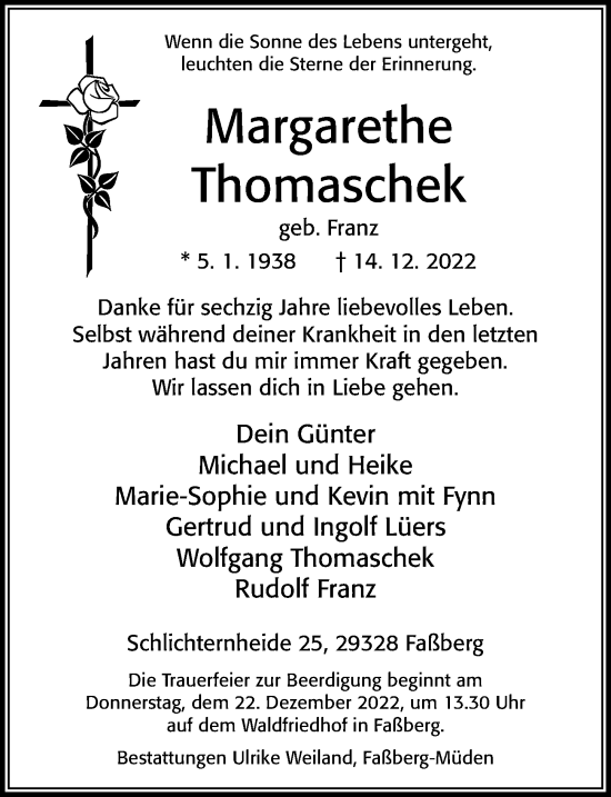 Traueranzeige von Margarethe Thomaschek von Cellesche Zeitung