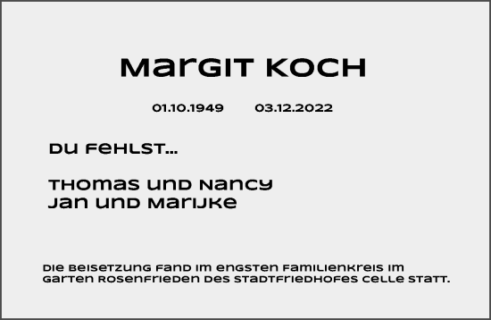 Traueranzeige von Margit Koch von Cellesche Zeitung