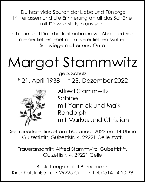 Traueranzeige von Margot Stammwitz von Cellesche Zeitung