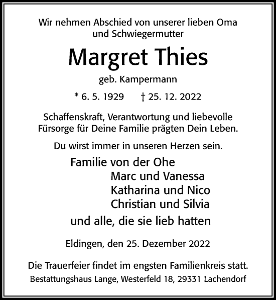 Traueranzeige von Margret Thies von Cellesche Zeitung