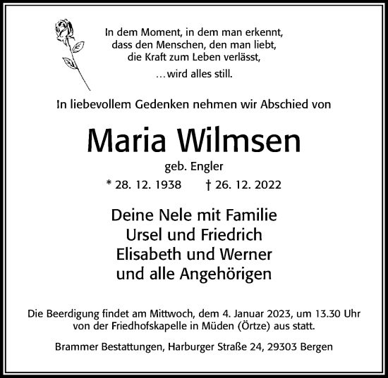 Traueranzeige von Maria Wilmsen von Cellesche Zeitung