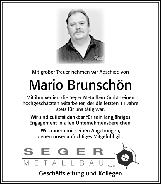 Traueranzeige von Mario Brunschön von Cellesche Zeitung