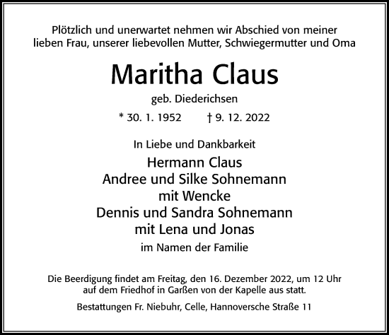 Traueranzeige von Maritha Claus von Cellesche Zeitung