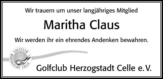 Traueranzeige von Maritha Claus von Cellesche Zeitung