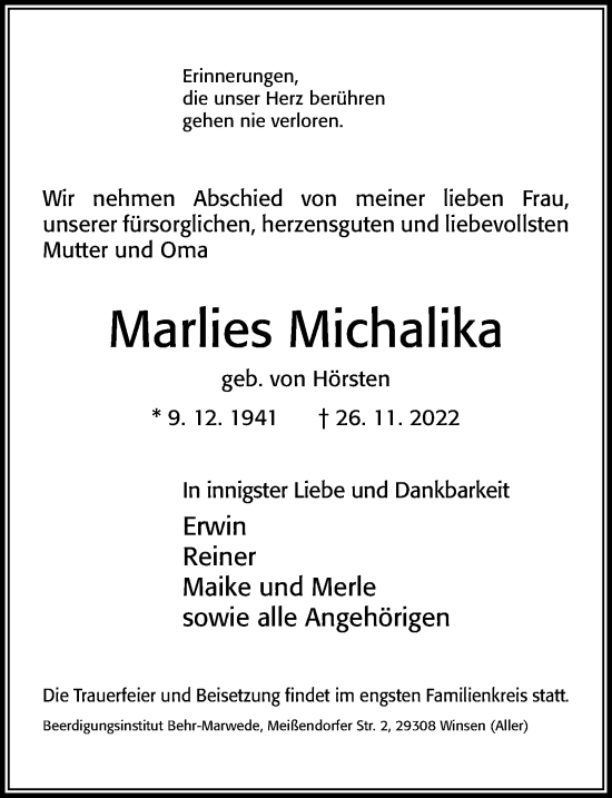 Traueranzeige von Marlies Michalika von Cellesche Zeitung