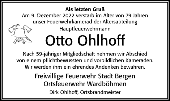 Traueranzeige von Otto Ohlhoff von Cellesche Zeitung