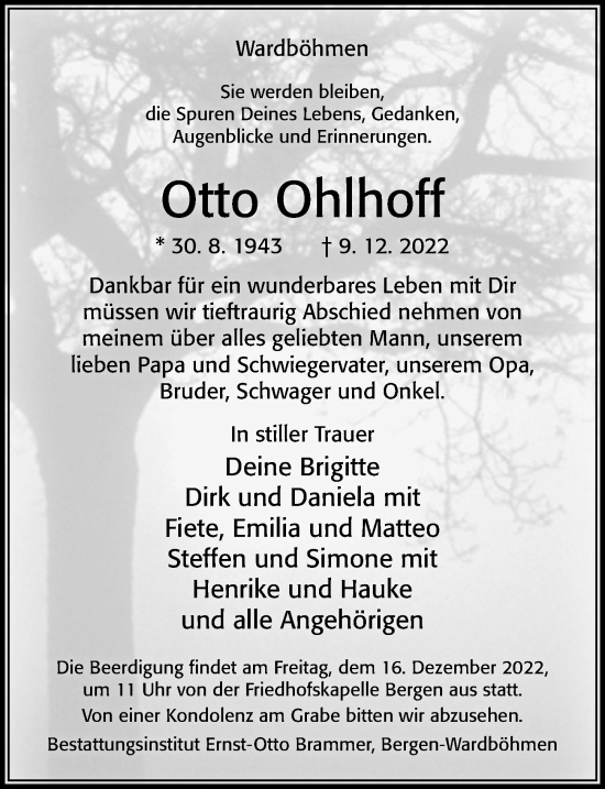 Traueranzeige von Otto Ohlhoff von Cellesche Zeitung