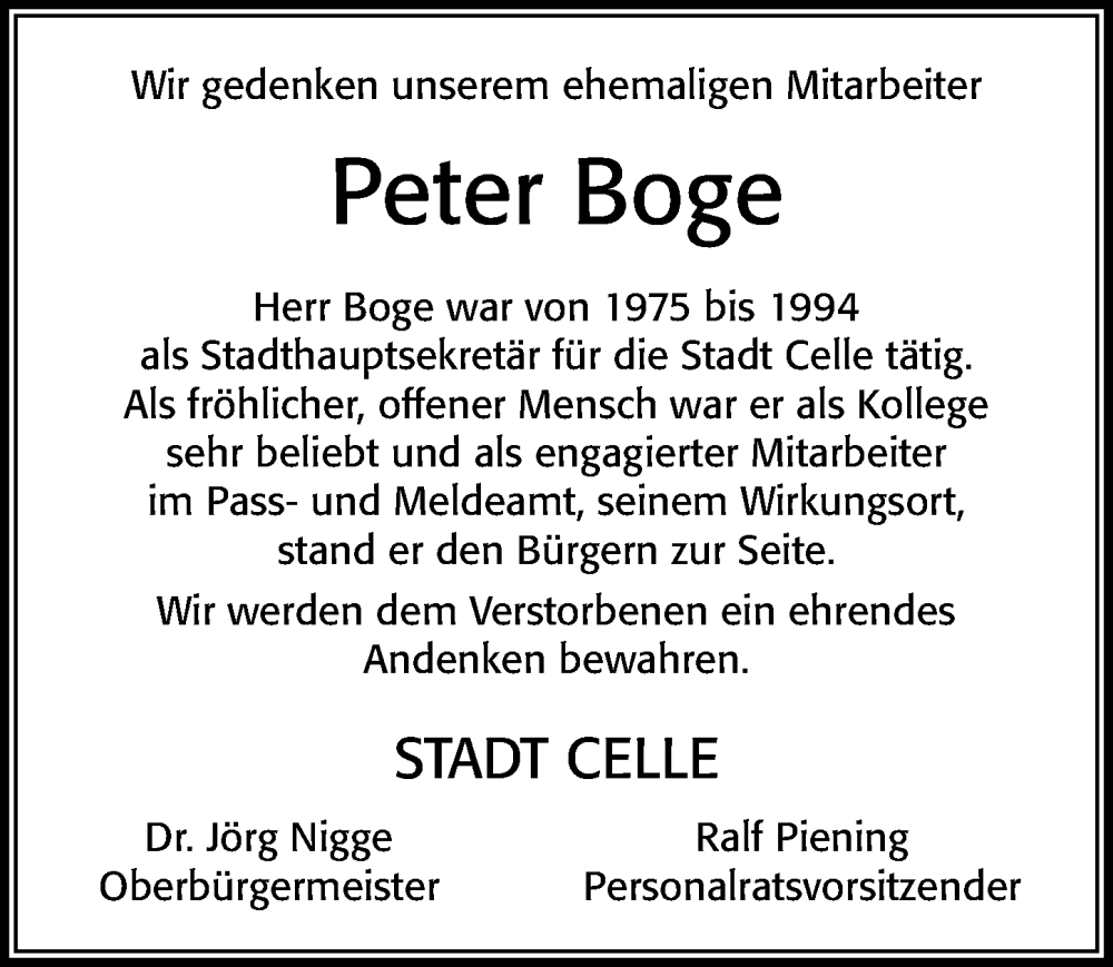  Traueranzeige für Peter Boge vom 03.12.2022 aus Cellesche Zeitung