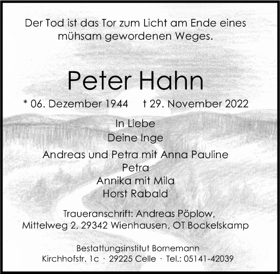 Traueranzeige von Peter Hahn von Cellesche Zeitung