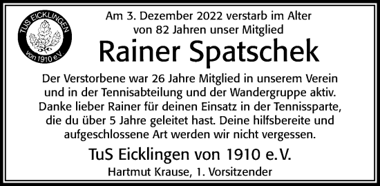 Traueranzeige von Rainer Spatschek von Cellesche Zeitung