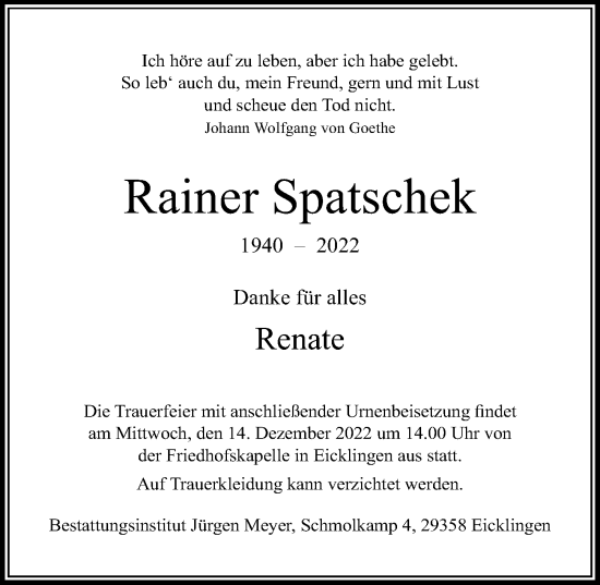 Traueranzeige von Rainer Spatschek von Cellesche Zeitung