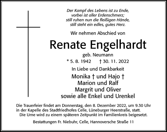 Traueranzeige von Renate Engelhardt von Cellesche Zeitung
