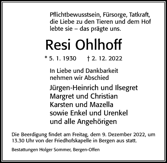 Traueranzeige von Resi Ohlhoff von Cellesche Zeitung