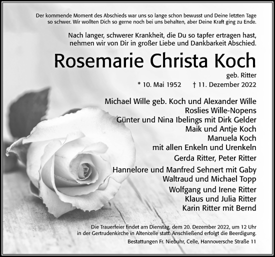 Traueranzeige von Rosemarie Christa Koch von Cellesche Zeitung