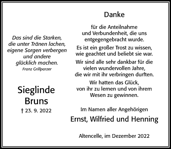 Traueranzeige von Sieglinde Bruns von Cellesche Zeitung