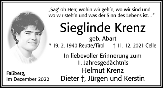 Traueranzeige von Sieglinde Krenz von Cellesche Zeitung